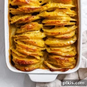 Decadent Dairy-Free Scalloped Potatoes 12 Close-up of baked Vegan Scalloped Potatoes in a white casserole dish, showcasing the inviting texture and golden finish.