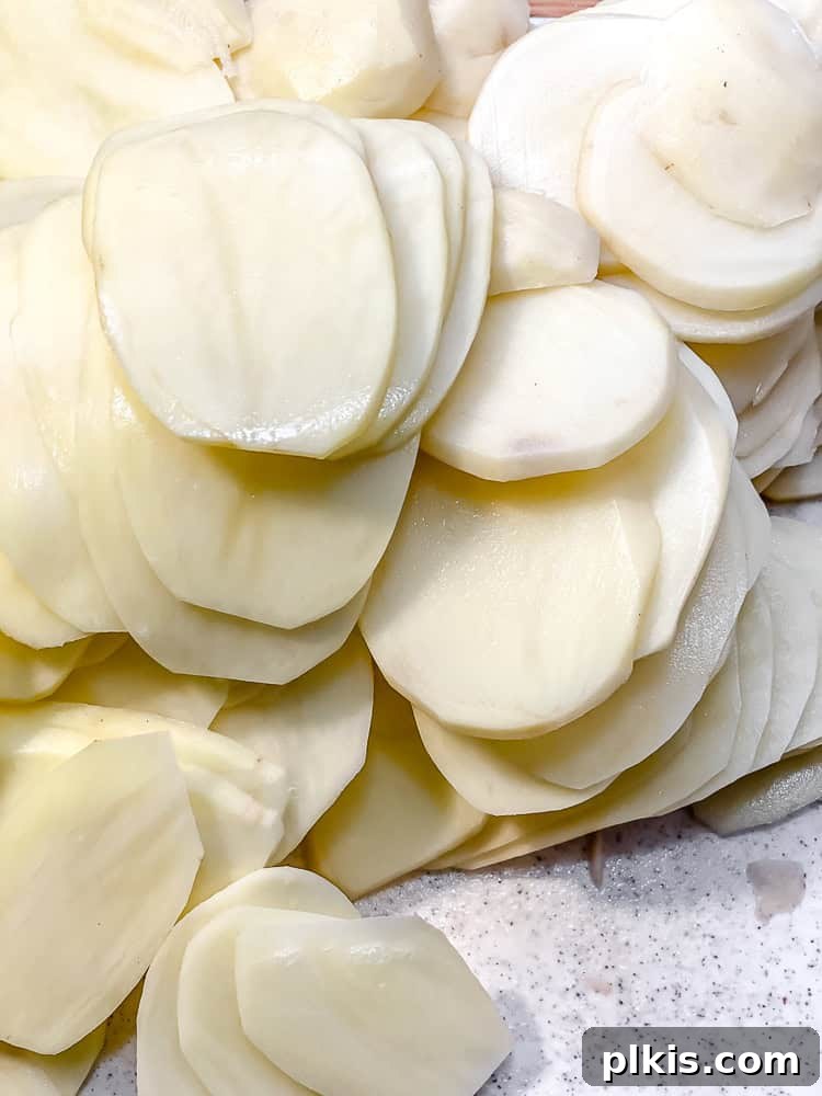 Decadent Dairy-Free Scalloped Potatoes 4 Close-up of thinly and uniformly sliced raw potatoes, stacked neatly.