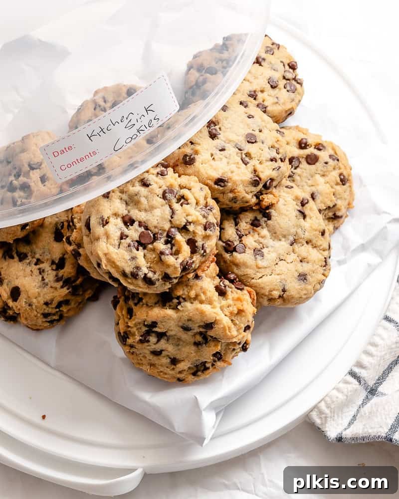Treasure Trove Cookies 10 Vegan Kitchen Sink Cookies stored in an airtight container