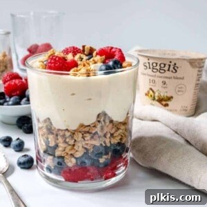 Homemade Yogurt Parfait 3 non-dairy yogurt parfait layered in a glass.