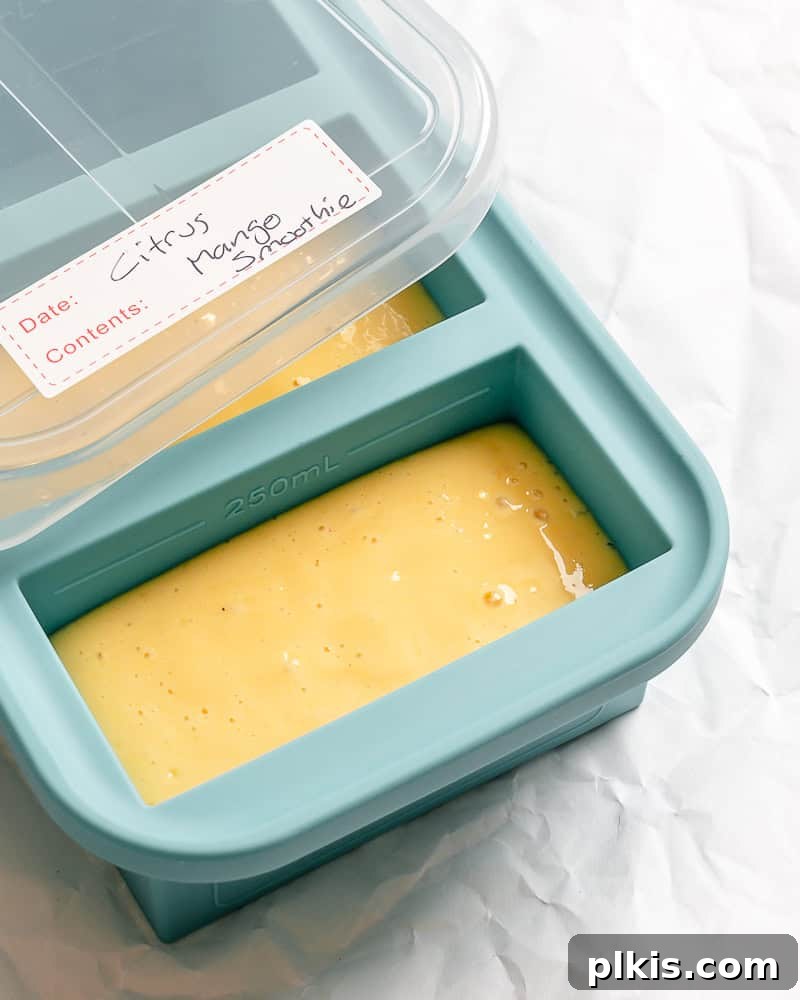 Tropical Glow Smoothie 8 A Mango Orange Smoothie stored in an airtight container in the refrigerator, ready for later consumption.