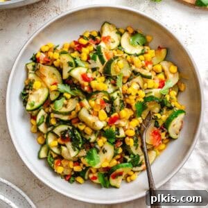 Completed Easy Calabacitas Recipe (Mexican Zucchini) on plate.