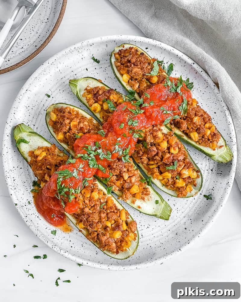 Completed Vegan Zucchini Boats artfully arranged on a white plate, garnished with fresh cilantro and a dollop of salsa.