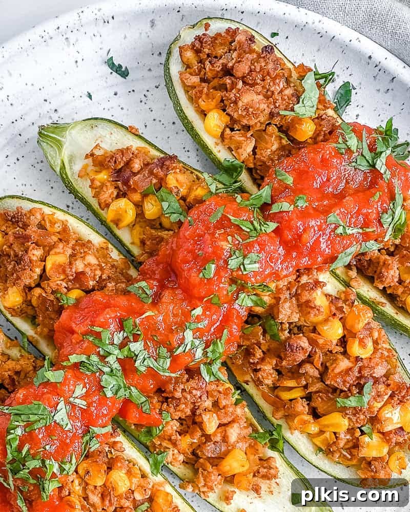 A serving of Vegan Zucchini Boats placed on a pristine white plate, showcasing the appealing texture and vibrant colors of the dish.