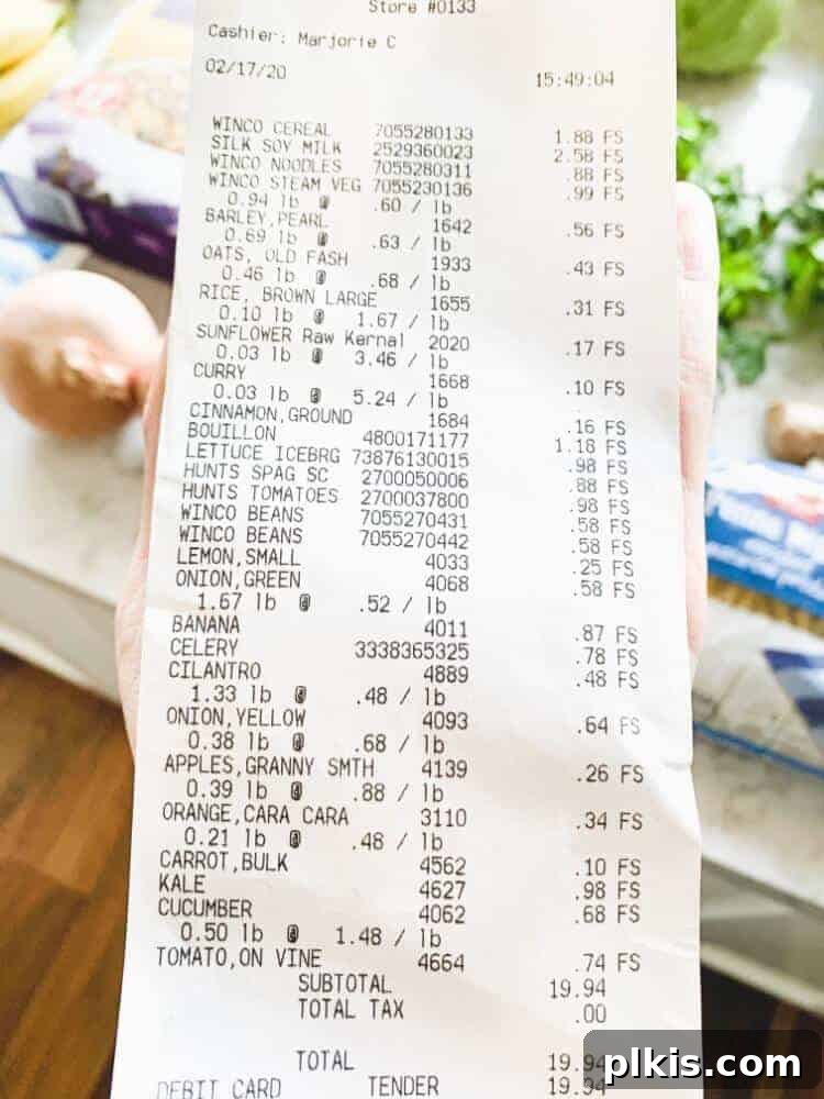 Solo Plant-Based Budget Challenge: Week 1 4 A receipt showing healthy plant-based groceries bought on a budget.