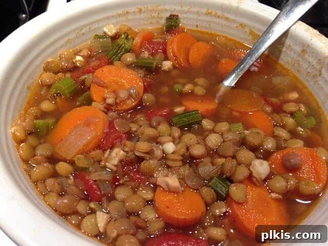 Frugal Vegan Feasts for One: Week 2 Progress 11 Lentil veggie soup and a spoon in a white bowl.