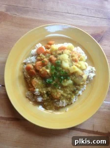 Plant-Based Budget Challenge for Two: Week 3 3 Dinner plate of brown rice topped with red lentil curry.