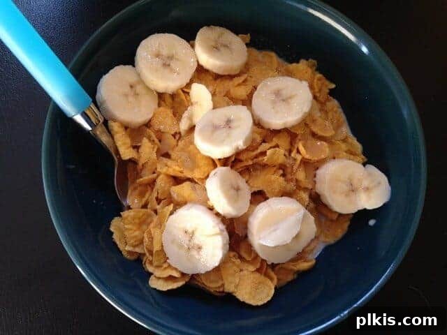 My Solo Budget Vegan Journey: Week 4 12 A spoon in a bowl of cornflakes cereal topped with sliced bananas.