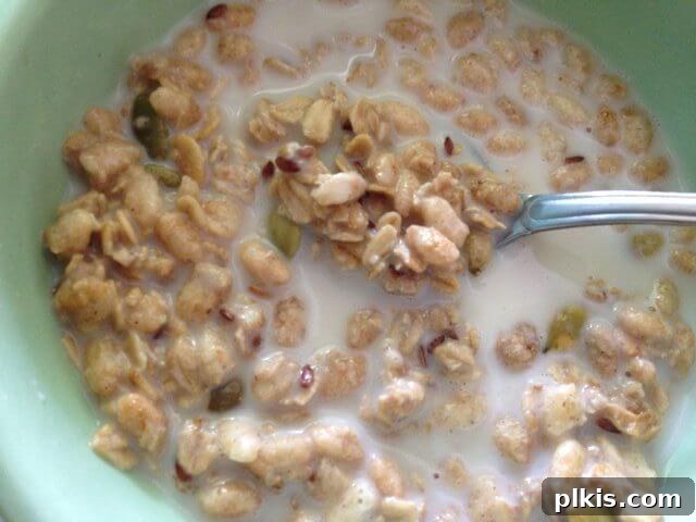 My Solo Budget Vegan Journey: Week 4 9 A spoon in a bowl of pumpkin flax granola with soymilk.