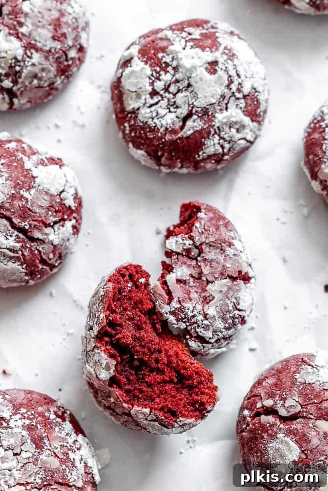 24 Festive Vegan Christmas Cookie Delights 12 Completed Red Velvet Crinkle Cookies on a white surcace.