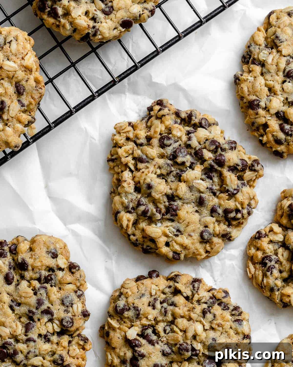 24 Festive Vegan Christmas Cookie Delights 15 Completed Vegan Oatmeal Chocolate Chip Cookies against a light surface.