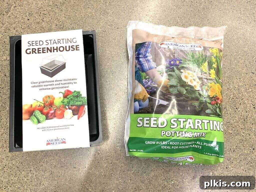 Sprouting Savings: Dollar Tree Garden Essentials 5 A bag of seed starting potting mix next to a small greenhouse seed starting kit from Dollar Tree.