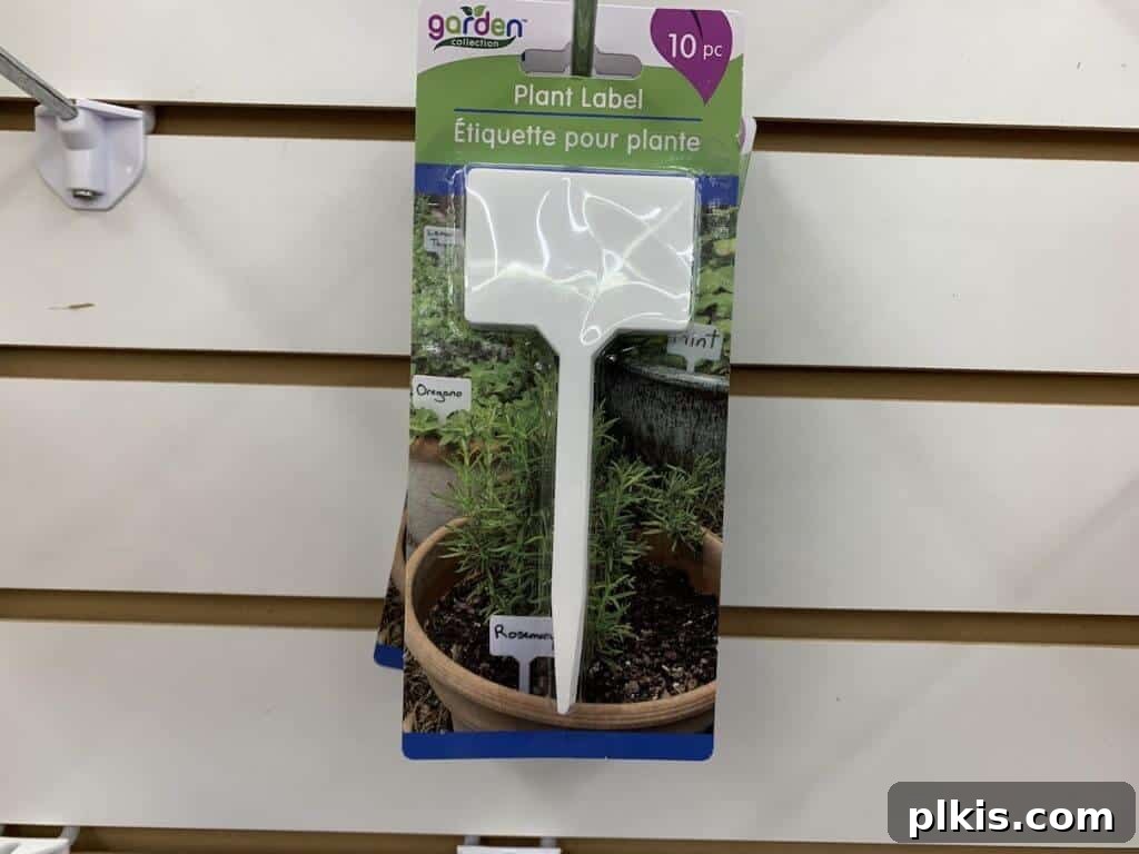 Sprouting Savings: Dollar Tree Garden Essentials 6 Packet of blank white plant labels hanging on a Dollar Tree shelf.