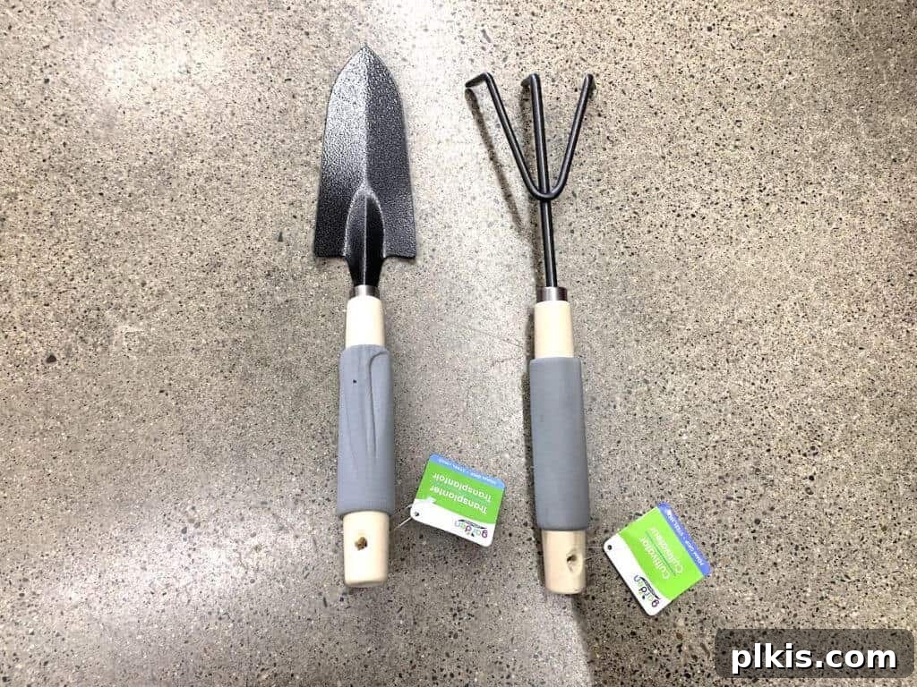 Sprouting Savings: Dollar Tree Garden Essentials 9 Compact garden mini spade and hoe set from Dollar Tree.