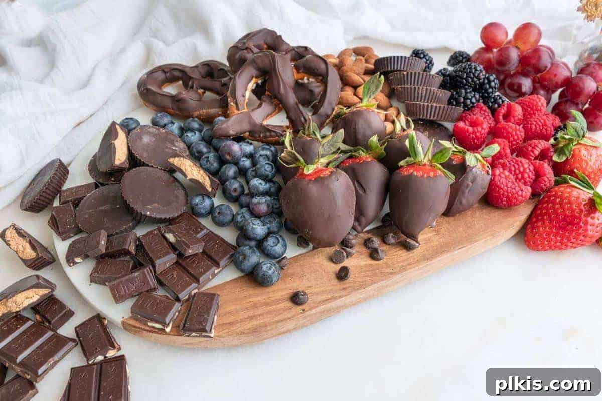 Valentine's Day Dessert Charcuterie Board Inspiration A vibrant Valentine's Day dessert charcuterie board featuring chocolate-covered pretzels, peanut butter cups, and a variety of fresh berries.
