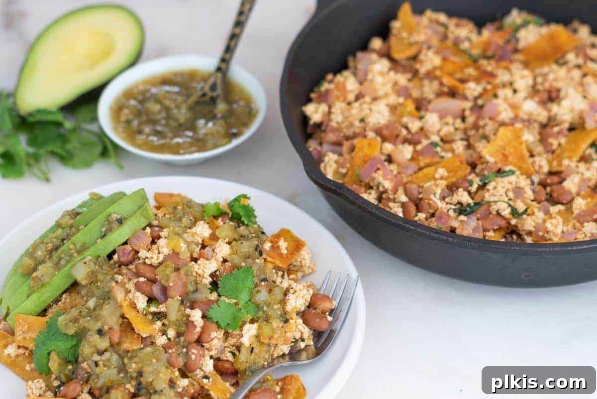 Tofu Chilaquiles Tofu Chilaquiles on an iron skillet and served on a white dish