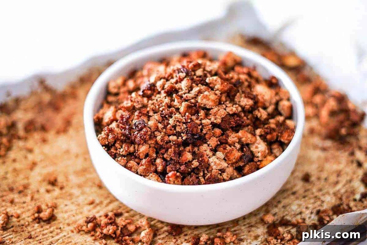 Vegan Ground Beef Substitute Vegan Ground Beef Substitute Served on a white Bowl