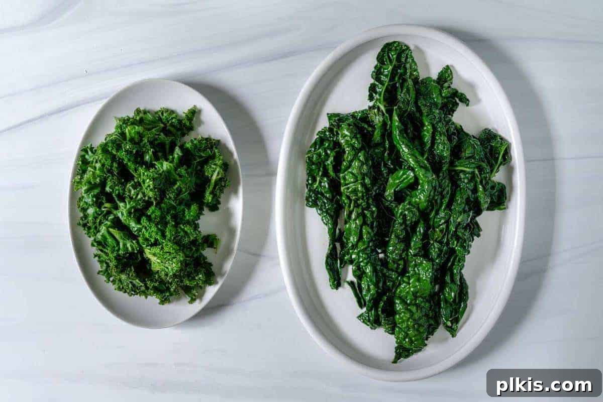 Kale 101 Dino Kale and Curly Kale on White Serving Dishes on a a Marble Surface