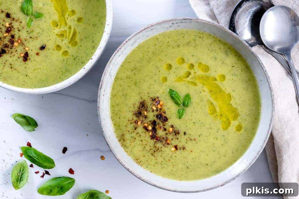 The Zucchini Handbook 2 completed soup in a white bowl against a white background