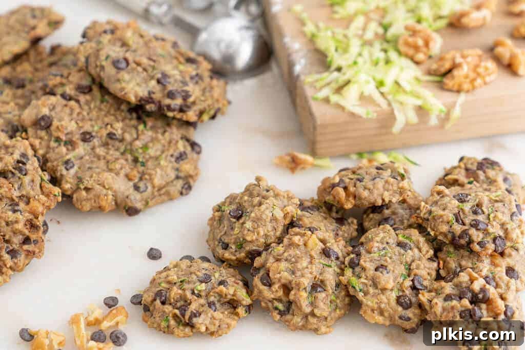 Banana Zucchini Cookies Several golden-brown banana zucchini cookies artfully arranged on a light-colored surface, with a cutting board and more cookies blurred in the background.