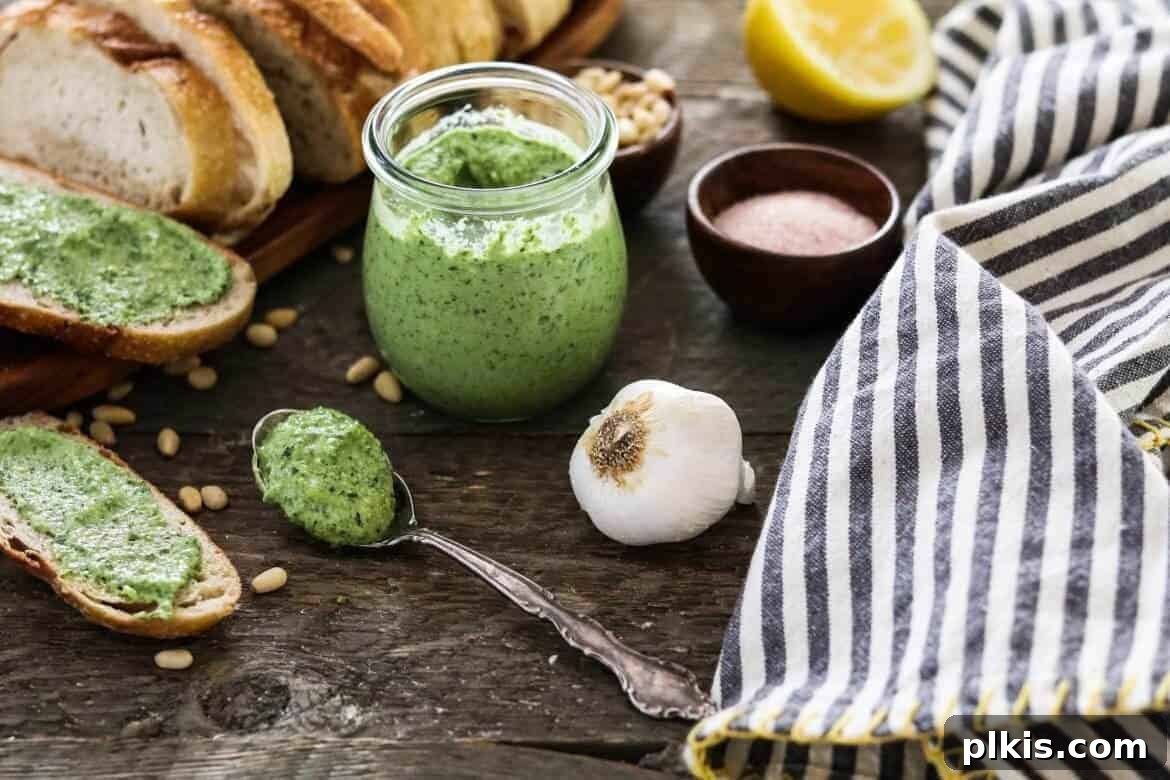 Oil Free Vegan Pesto Vibrant zucchini pesto presented in a glass jar, surrounded by various fresh ingredients and a rustic gray and white cloth in the background.