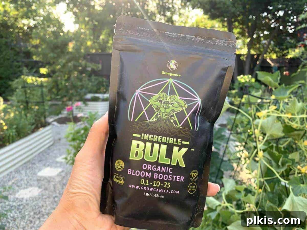 Incredible Bulk Vegan Fertilizer one black bag of vegan fertilizer in a green leafy background