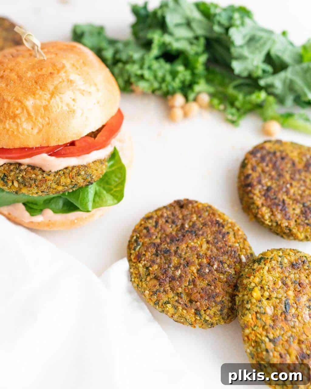 Chickpea Quinoa Burgers Three Chickpea Quinoa Burgers and a Burger with Bun