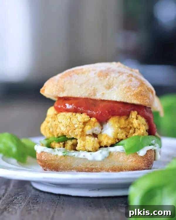 Mozzarella Stuffed Vegan Chicken Burgers Mozzarella Stuffed Vegan Chicken Burger on a white plate with greenery in the background