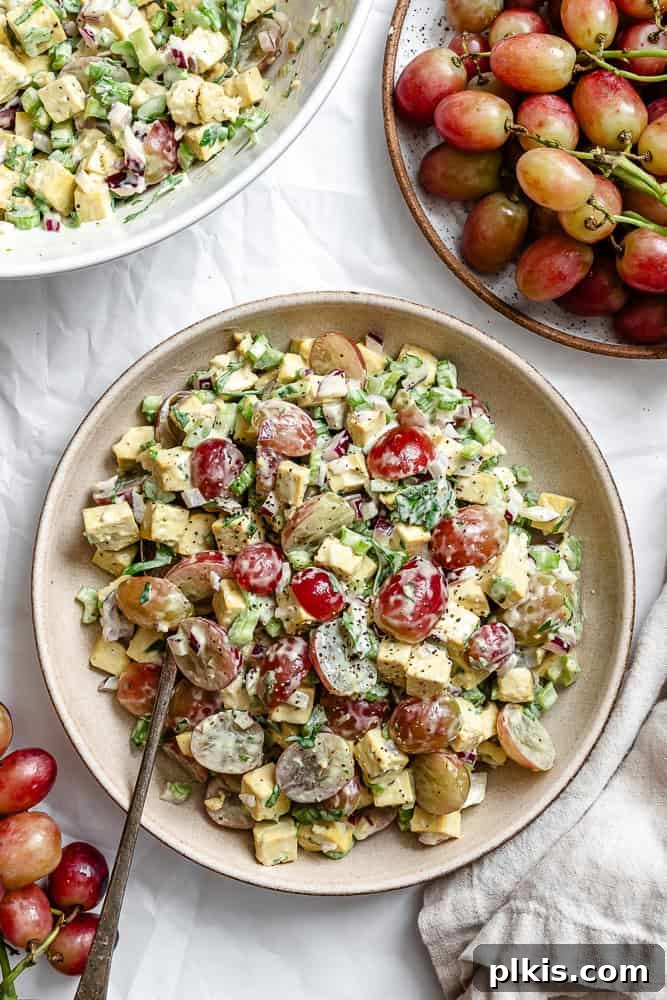 48 Irresistible Vegan Apple Delights 22 Completed Vegan Chicken and California Grape Salad on a plate.