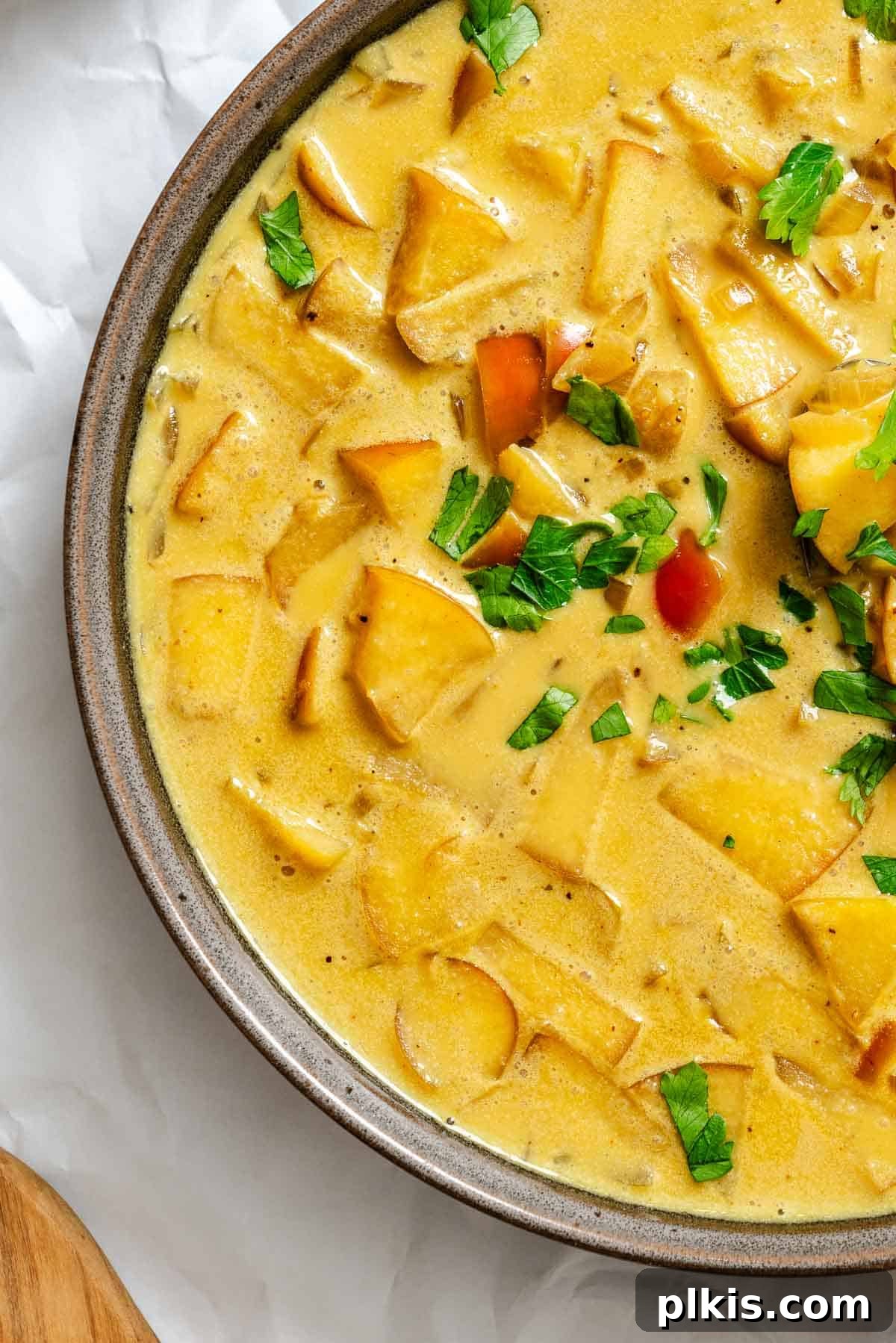 48 Irresistible Vegan Apple Delights 28 Completed Creamy Apple Curry in a plate against a white surface.
