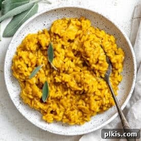 A smaller image of completed Creamy Pumpkin Risotto (Vegan) beautifully plated.