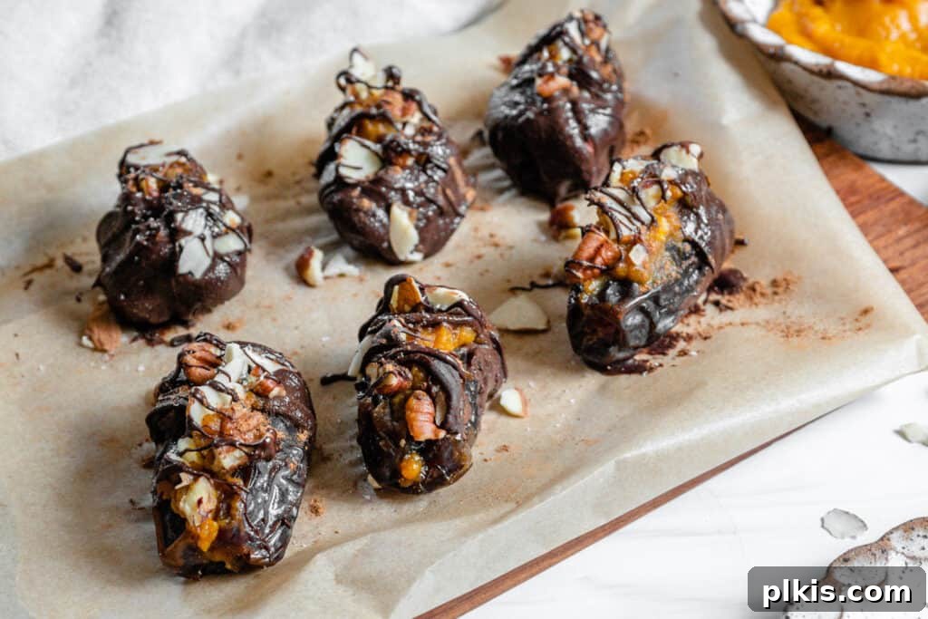 24 Effortless Plant-Based Pumpkin Creations from a Can 27 Several finished chocolate-covered pumpkin stuffed dates, beautifully arranged on parchment paper, ready to be enjoyed.