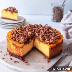 A smaller image of the completed vegan pumpkin cheesecake with a slice removed, showcasing its creamy texture.