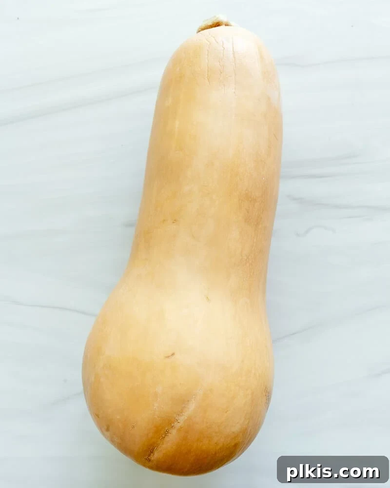 A vibrant, raw butternut squash sitting on a white surface, showcasing its smooth, beige skin and elegant shape.