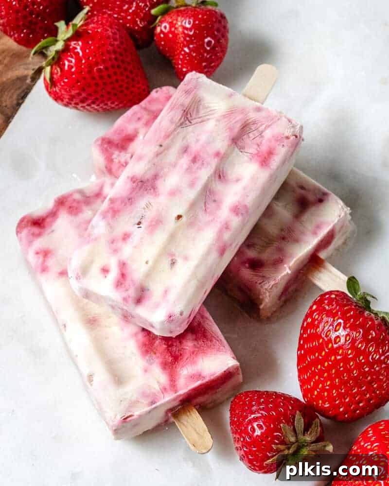 plate of strawberry popsicles with strawberries in the background