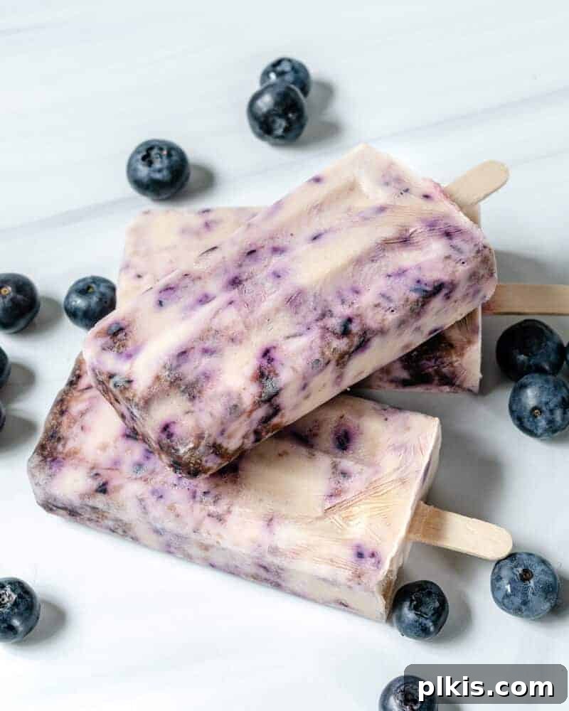 plate of blueberry popsicles with blueberries in the background