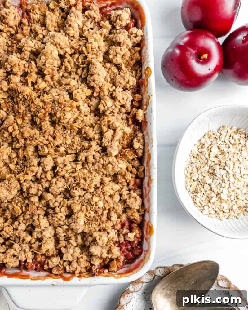 Homestyle Vegan Plum Crisp 2 Completed vegan plum crisp with ingredients in a white background.