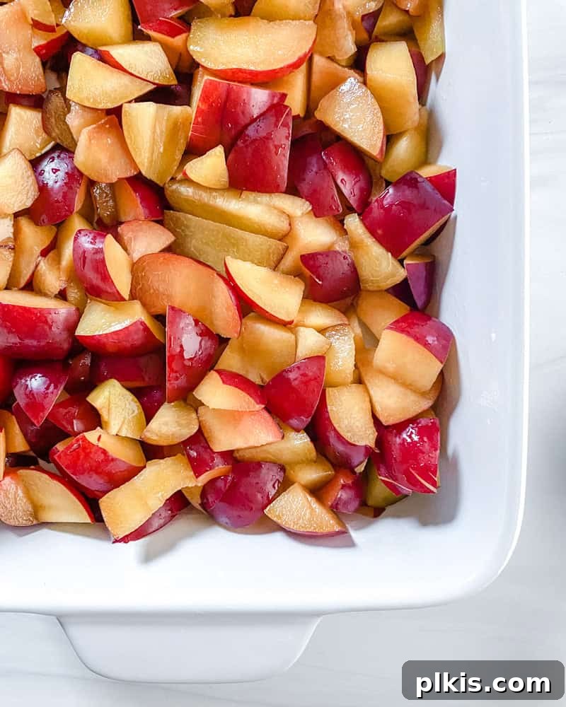 Homestyle Vegan Plum Crisp 4 Process shot showing cut plums in baking dish.
