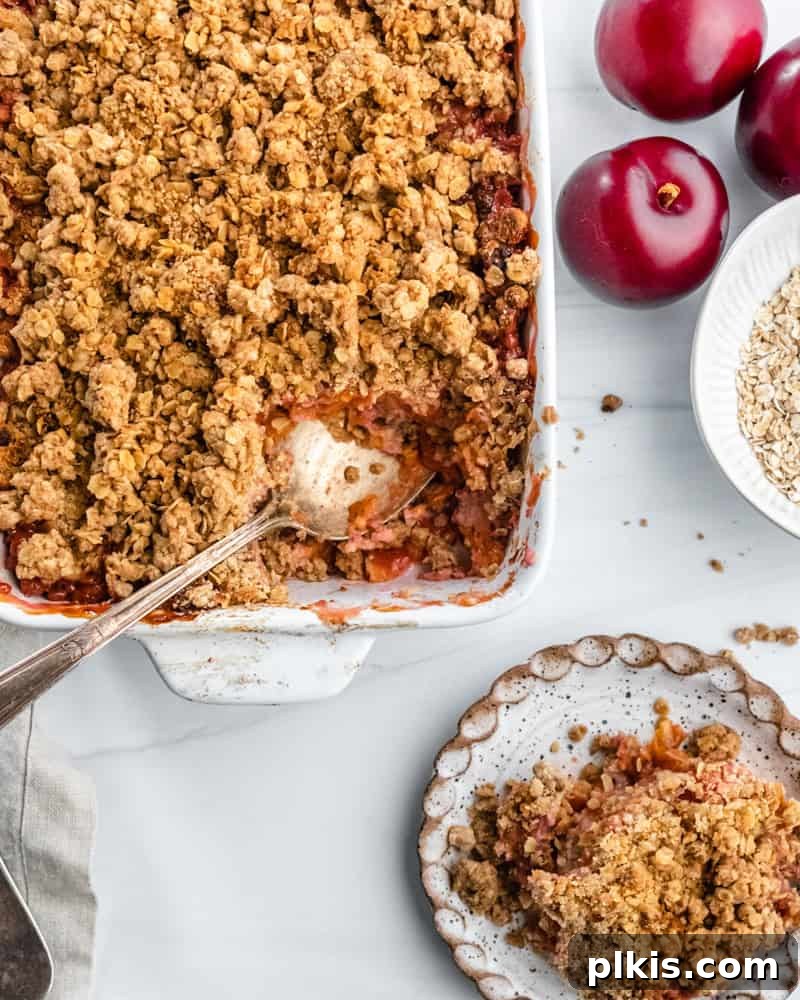 Homestyle Vegan Plum Crisp 8 Completed Vegan Plum Crisp piece on a plate and in baking dish.