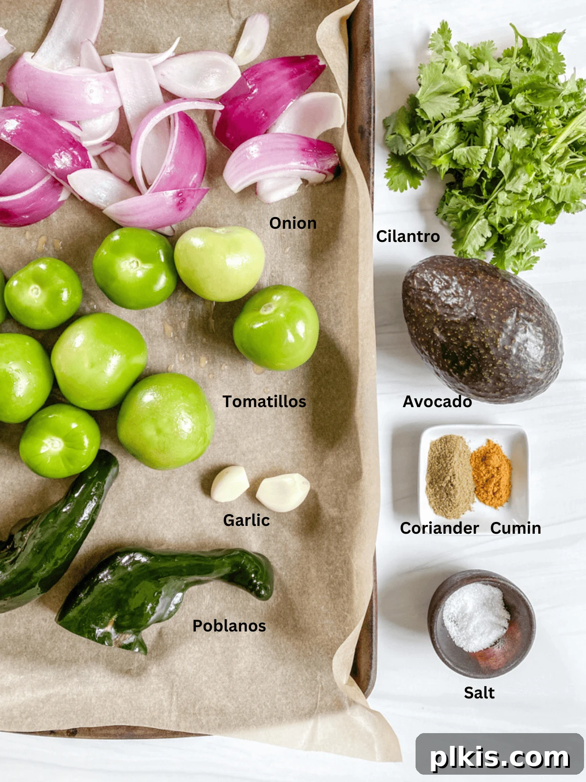 Velvety Tomatillo Avocado Verde 3 Ingredients for Creamy Tomatillo Avocado Salsa Verde measured out on a white surface.