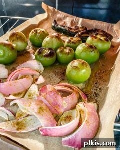 Velvety Tomatillo Avocado Verde 5 Process of showing roasted tomatillos and ingredients post baking.