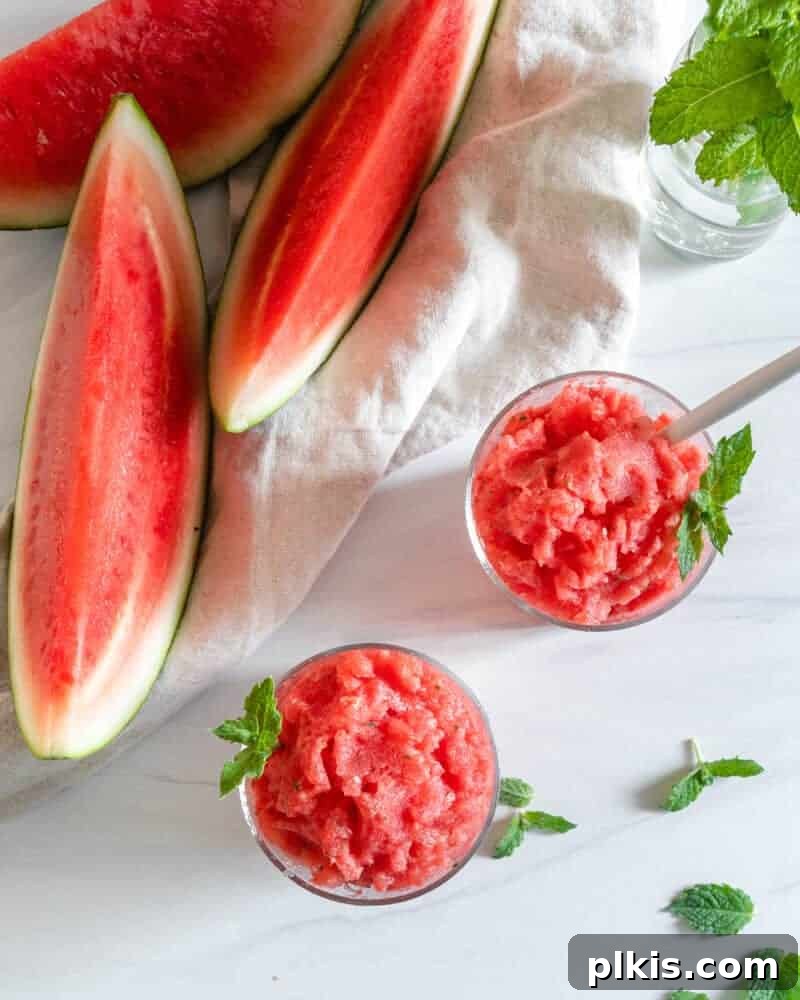 Frosty Watermelon Delight 7 Two vibrant watermelon slushies in glasses, garnished with mint and watermelon wedges, set against a backdrop of more watermelon slices on a light surface.