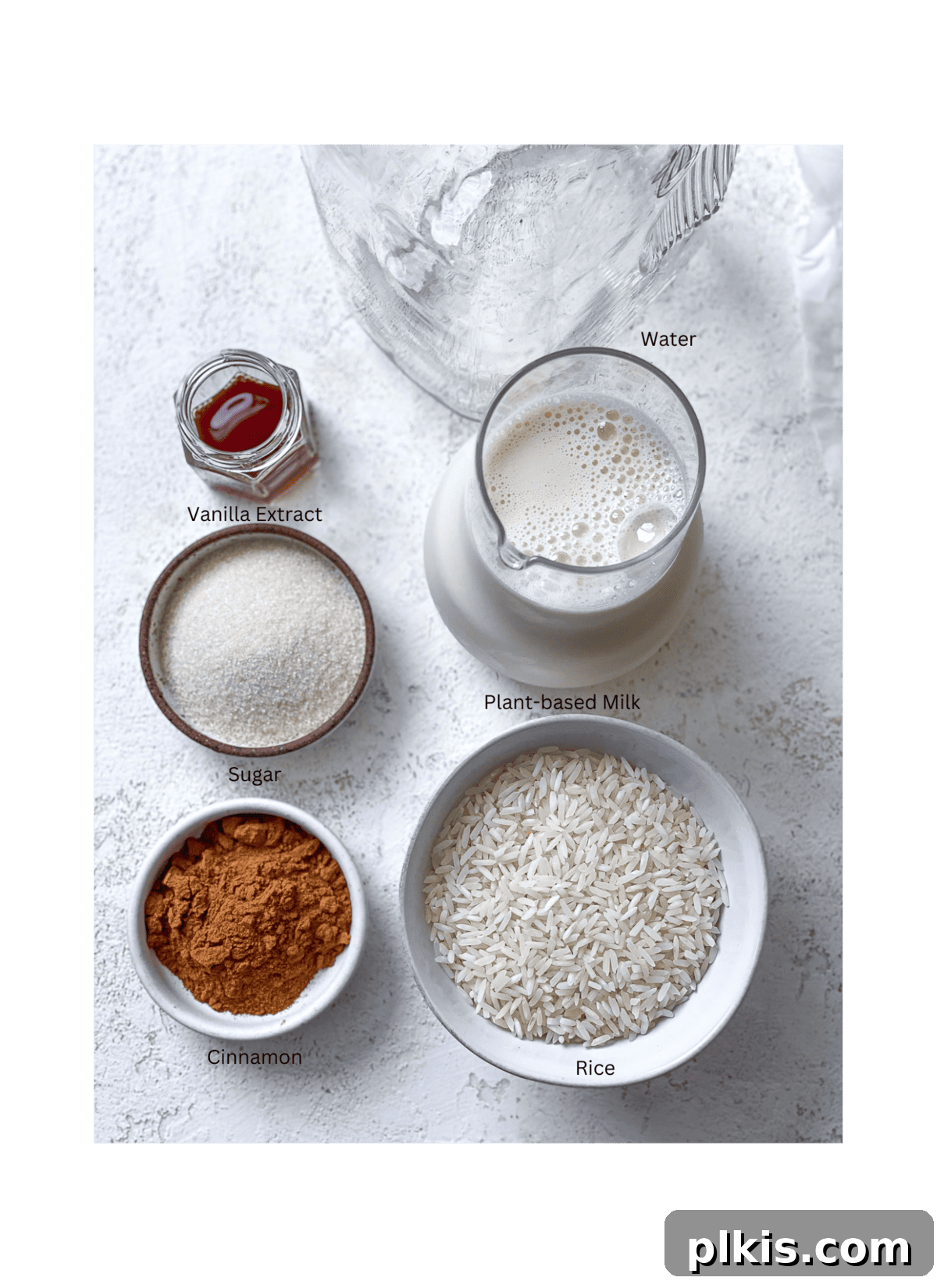 Plant-Based Horchata Delight 3 ingredients for Mexican Horchata Recipe measured out against a white surface