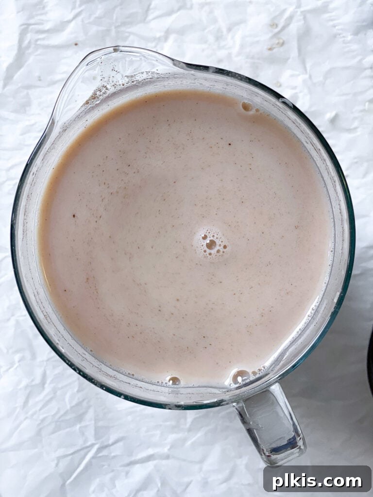 Plant-Based Horchata Delight 8 process shot post pouring rice milk mixture in pitcher