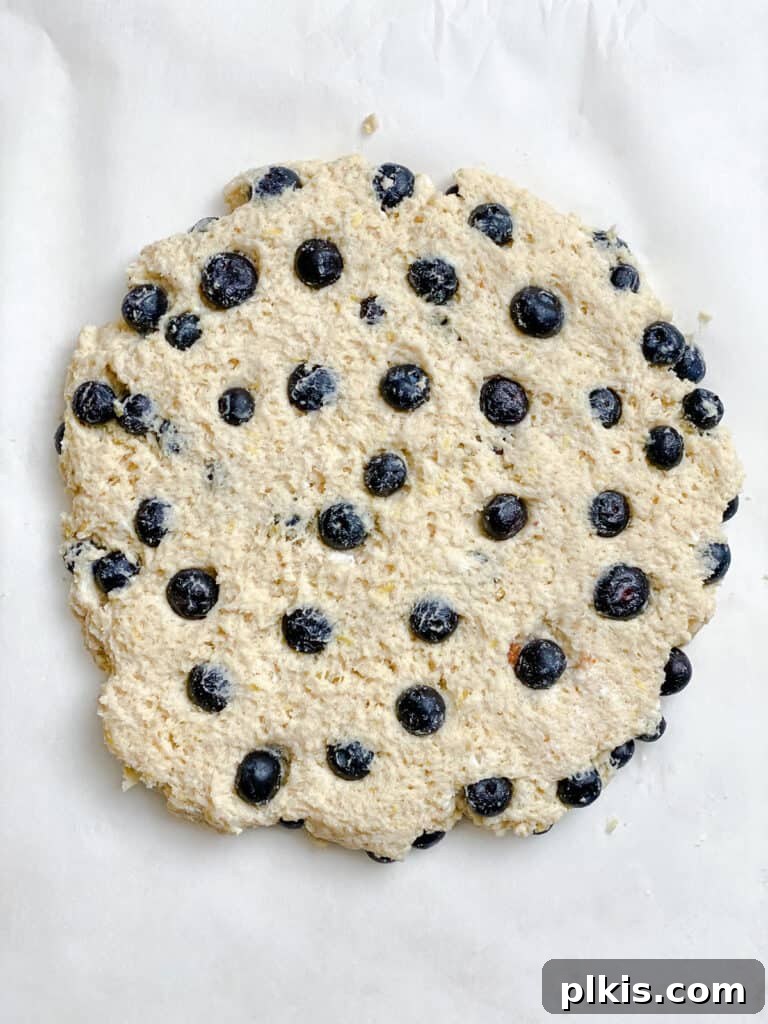 Sunshine Lemon Blueberry Plant-Based Scones 8 A process shot demonstrating the shaping of scone dough into a neat circular form on a floured surface.