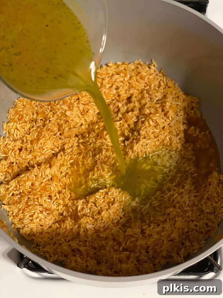 Aromatic Garlic Rice 8 Process shot of adding vegetable broth to the pan with rice and aromatics, initiating the cooking process for Golden Garlic Rice.