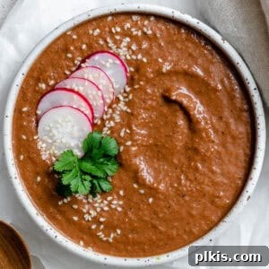 Decadent Vegan Mole 9 A bowl of finished Quick Vegan Mole Poblano sauce, garnished beautifully.