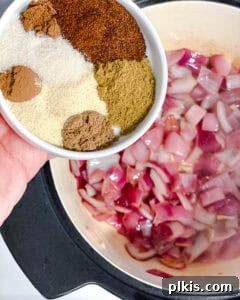 Decadent Vegan Mole 10 process shot showing spices being added to pot
