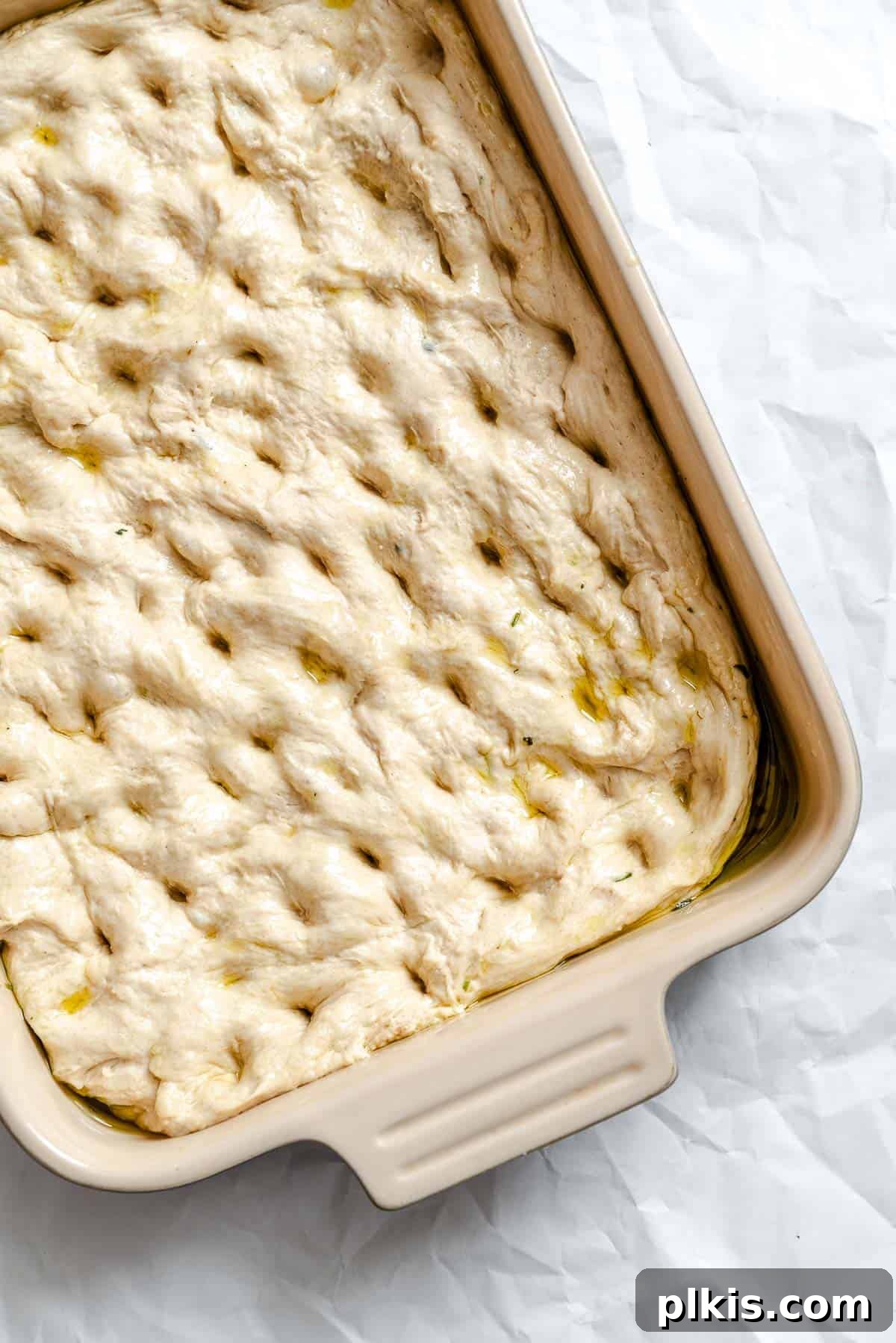 Aromatic Garlic Herb Vegan Focaccia 8 Process shot showing dimples made in dough in baking dish.