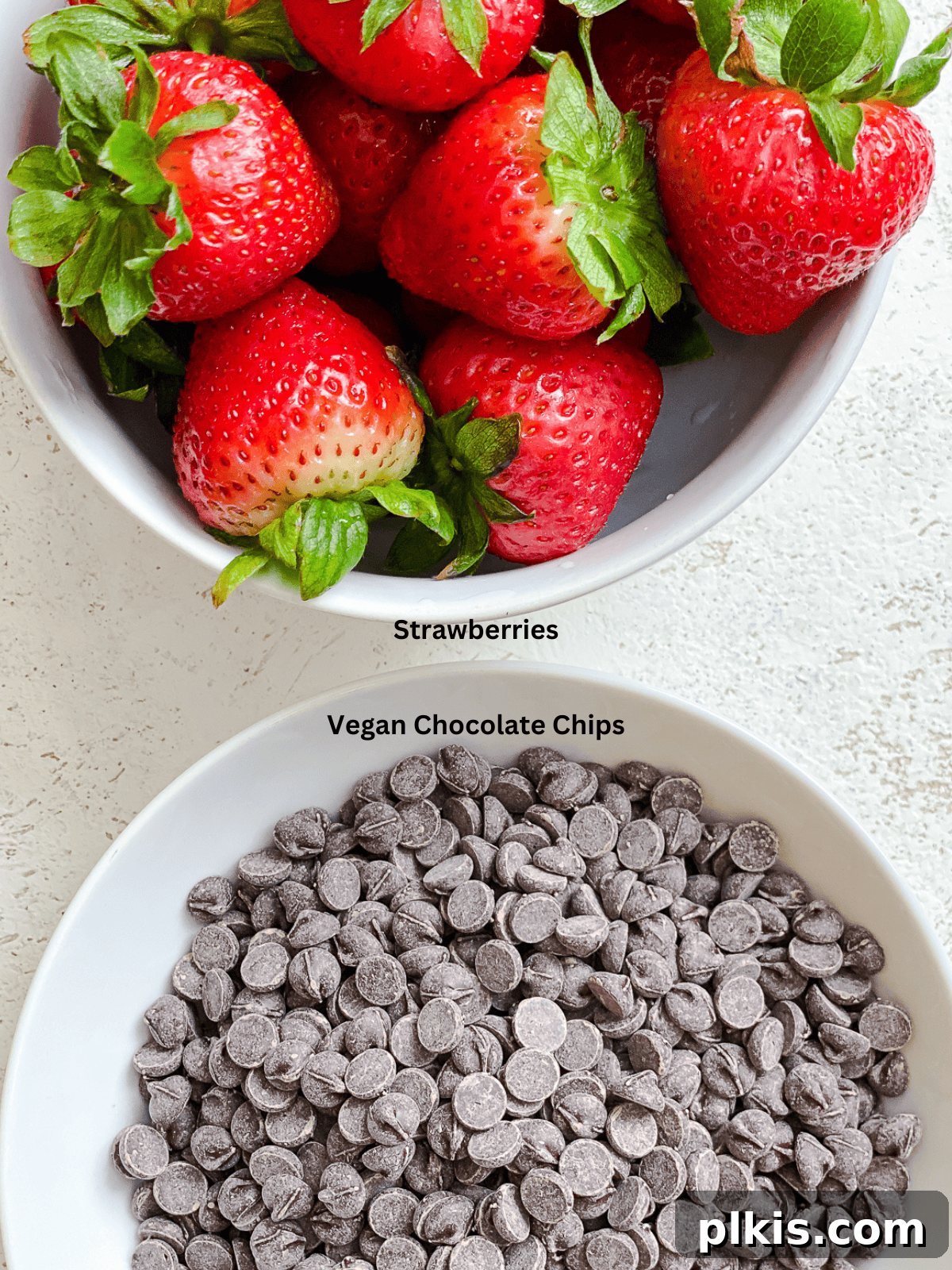 Decadent Vegan Strawberry Bites 3 Ingredients for Chocolate Dipped Strawberries measured out on a white surface.